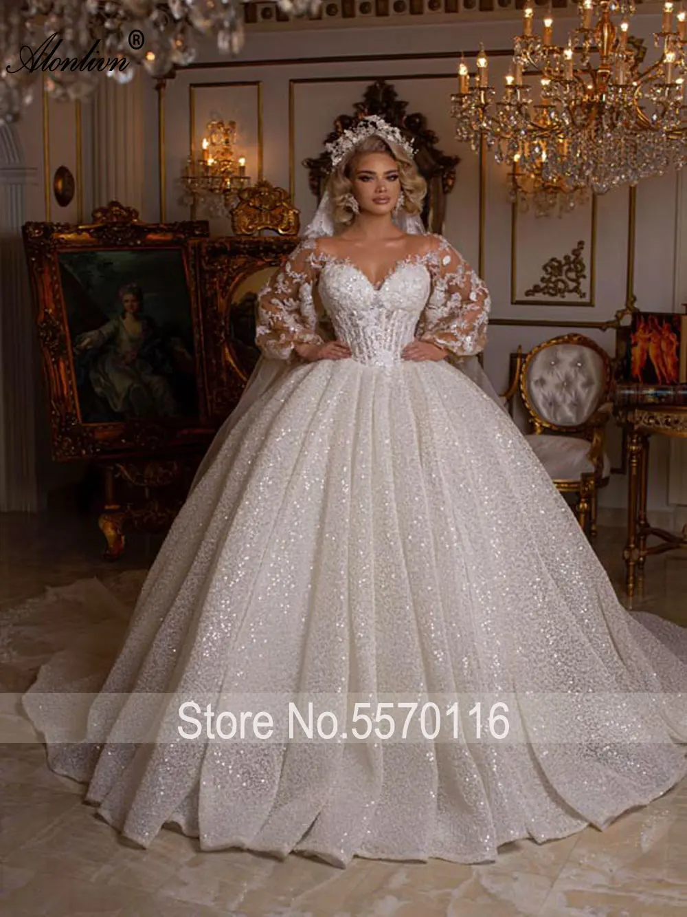 Alonlivn Gorgeous Bling Bling Skirt V Neckline Ball Gown Wedding Dress Puffy Sleeve Princess Bridal Dress