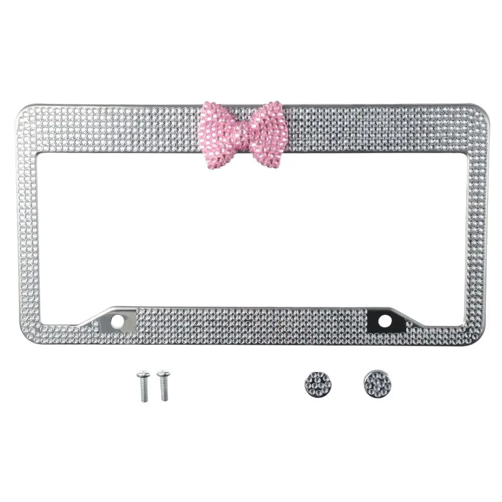 2 Pack Rhinestone Bling License Plate Frame Pink,White Stainless Steel,acrylic with Bow Design Car Plate Covers