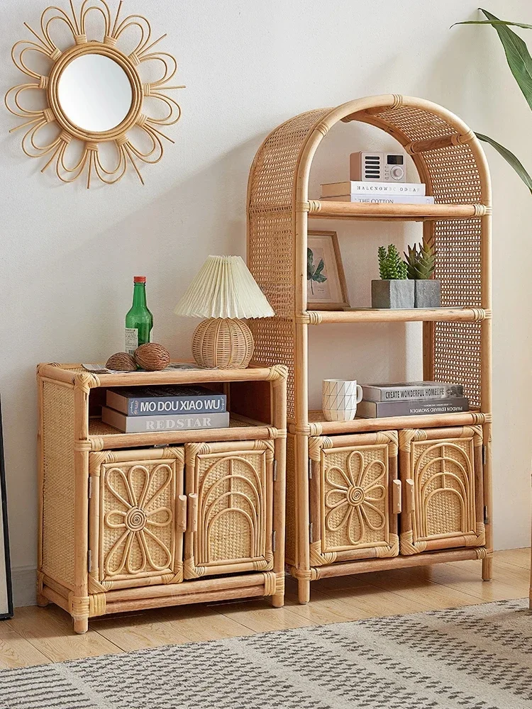 

Rattan Small Storage Cabinet Real Rattan Woven Living Room Side Cabinet Retro Storage Bookshelf Storage Korean Artistic Style