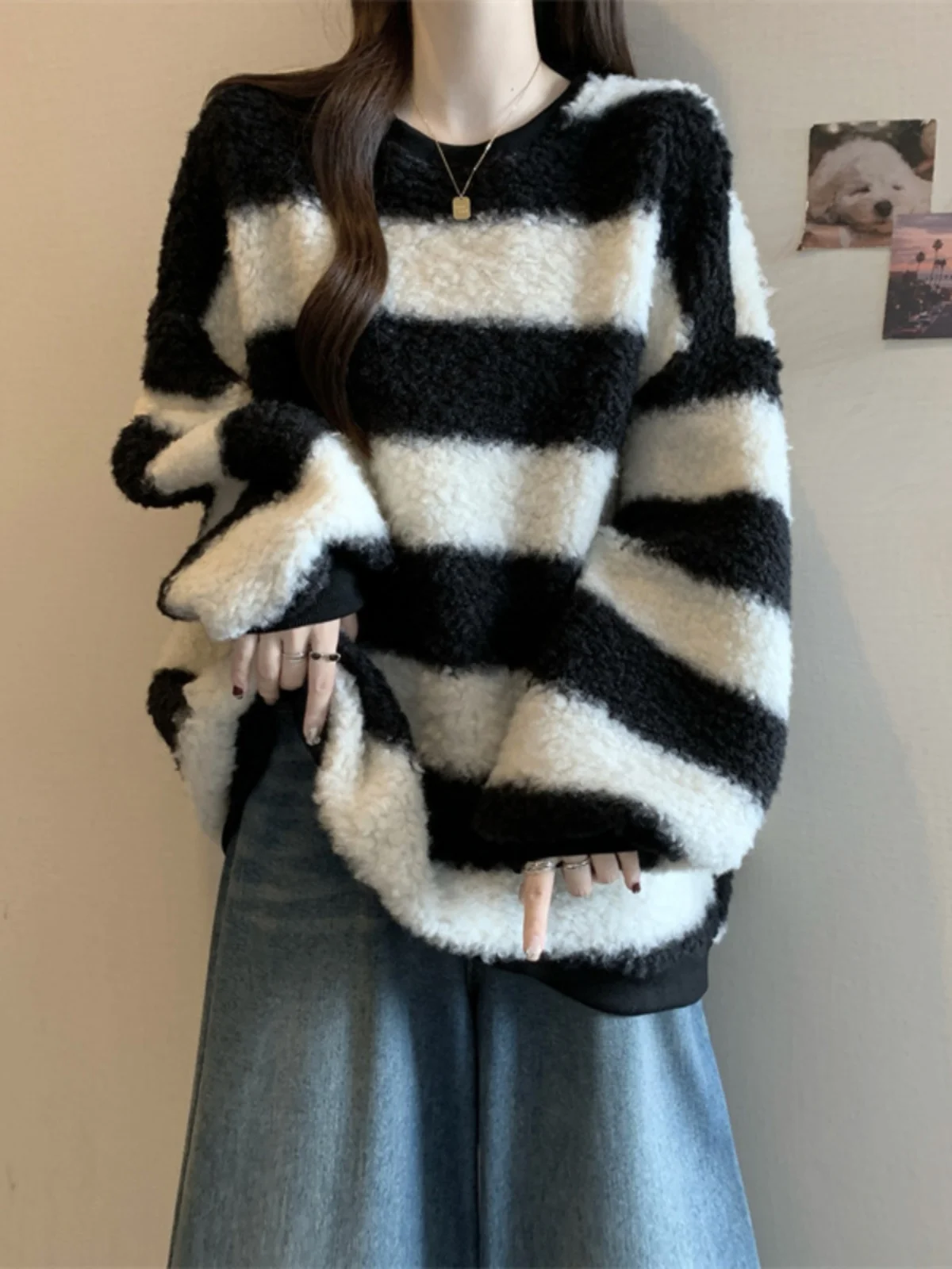 Women's Thickened Lamb Fur Sweatshirt Spring Autumn plus Size Loose Lazy Style Top Striped Pattern Comfortable Korean Style