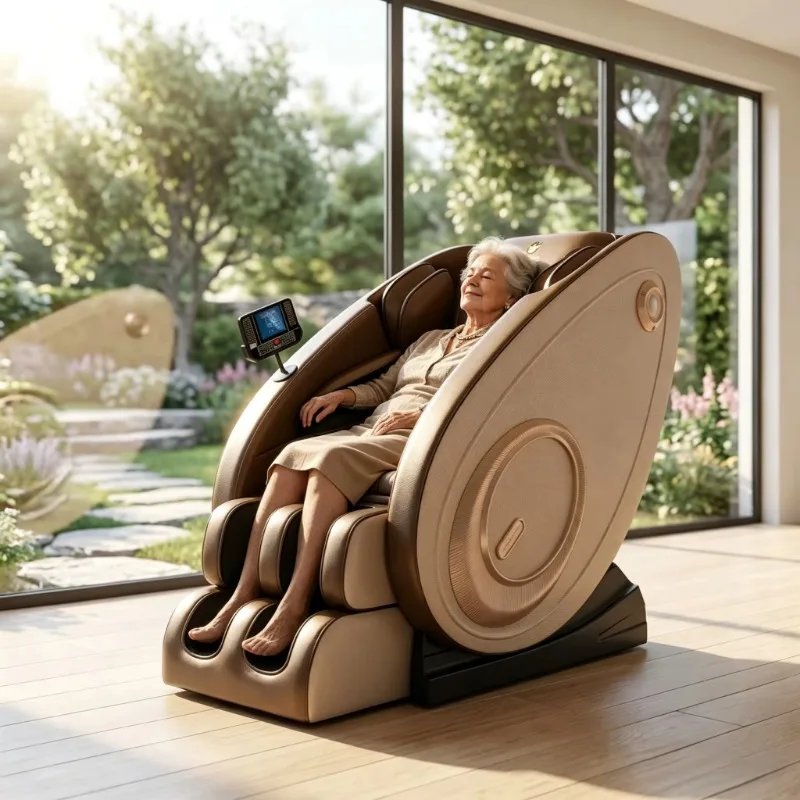 

Zero gravity full body massage chair, 3D airbag, heating function, Bluetooth speaker, foot roller, touch screen, gold recliner