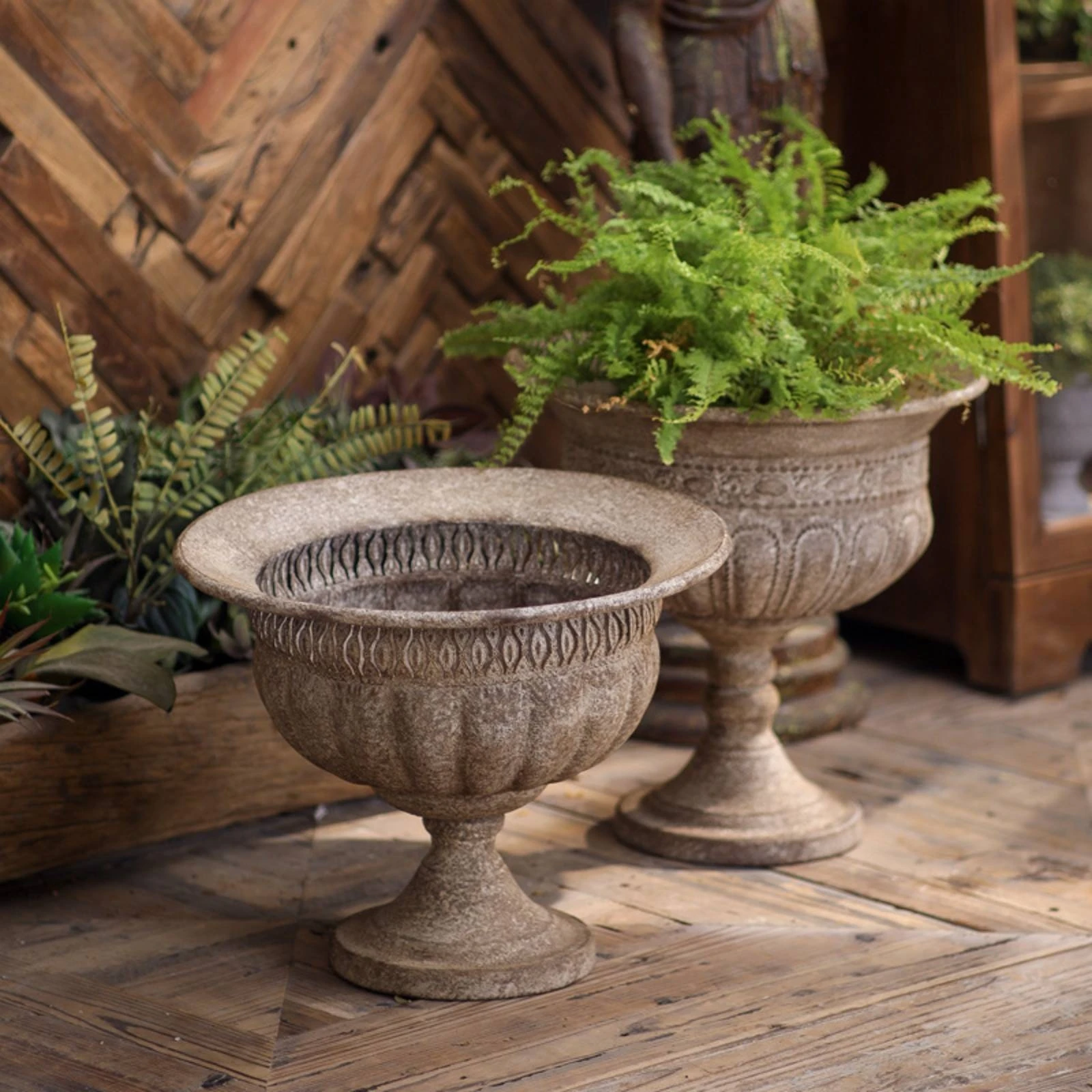 Decorative Planter Pot with Pedestal Stone-like Finish Wide Bowl Garden Cache-pot Vintage for Porch or Patio Display