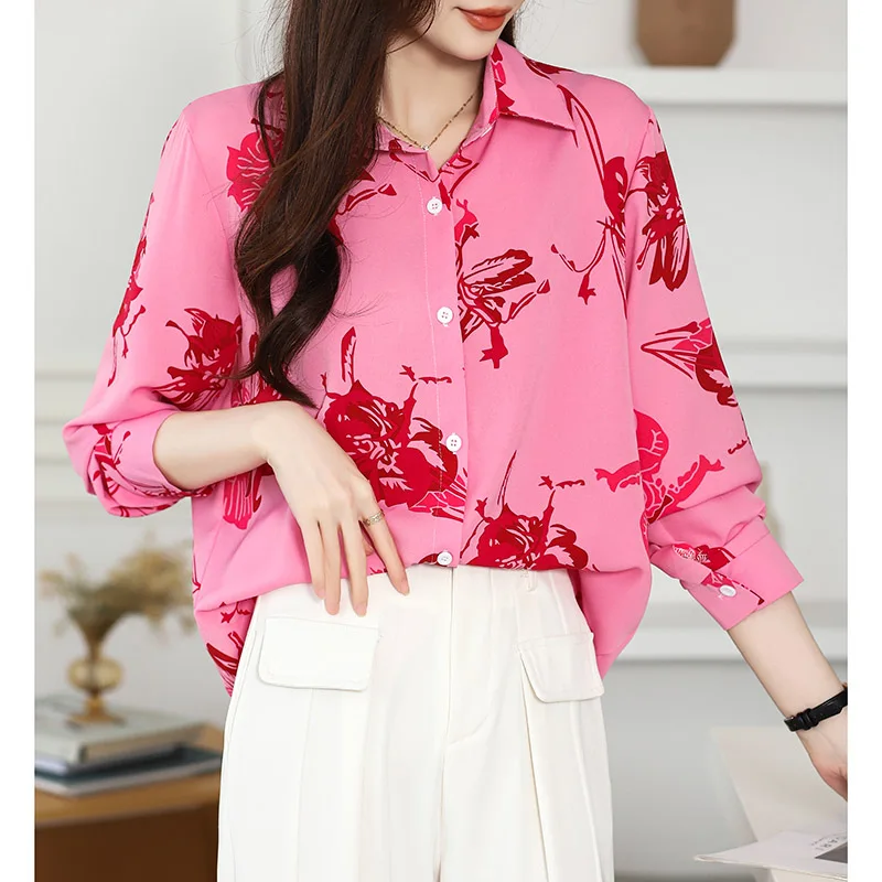 Women Clothing Fashion Rose Print Shirt Spring Summer Casual Loose Long Sleeve Blouses French Chic Elegant All-match Tops