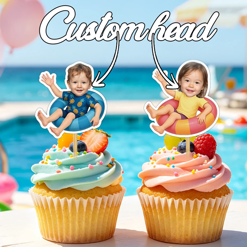 12pcs Custom Happy Birthday Cake Toppers, Personalized Face Photo with Flamingo Pattern, Hawaii Theme Birthday Cake Decorations