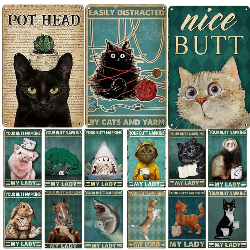 لطيفة بعقب الحيوان معدن القصدير علامات خمر ديناصور المناديل القط الكلب خنزير الحديد اللوحة الملصقات للحمام المرحاض ديكور المنزل