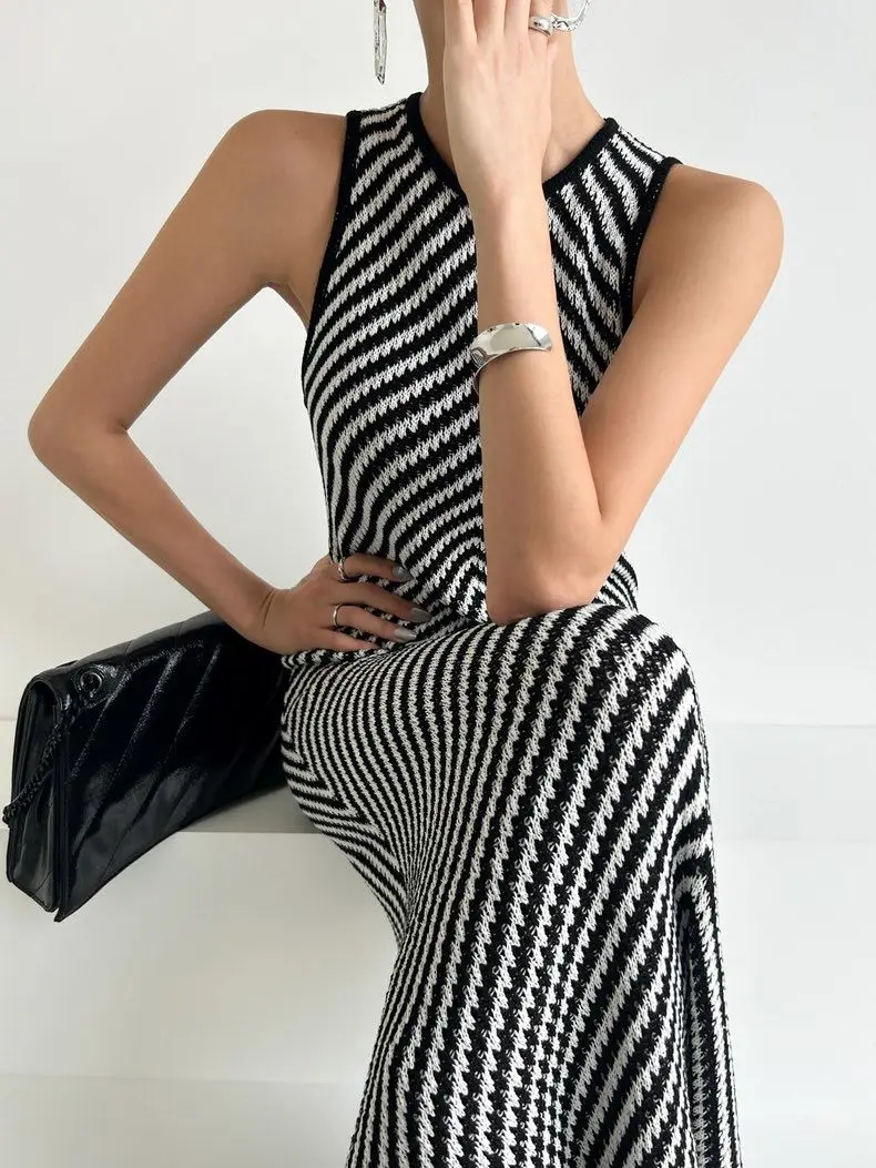 

Knitted Sleeveless Dress Embellished Womens Summer Low-Neck Colourful Trends Ruffled Knot Spliced Collared Midriff-Baring Simple