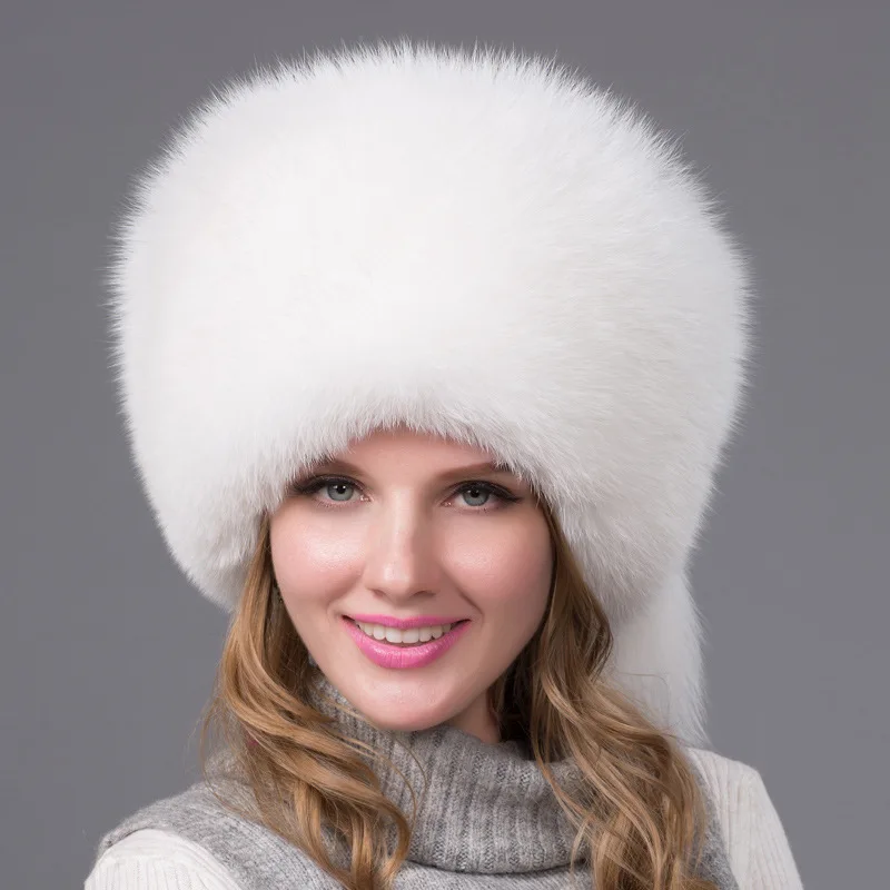 Winter fashion Bomber Trapper Hats Thick Winter Warm real Fox Fur Thick Warm Snow Caps Ear Flap Caps Russian For woman