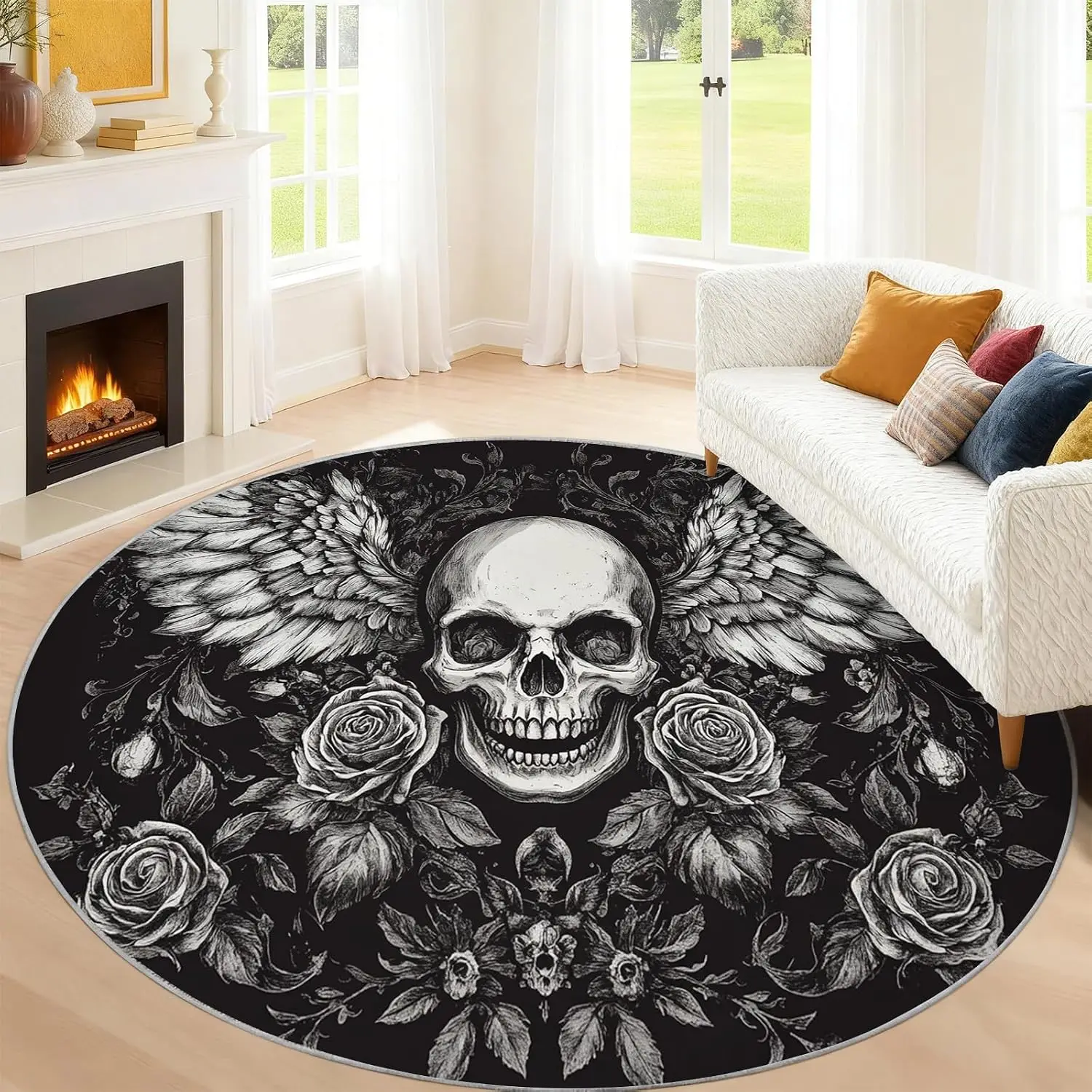 Gothic Skull and Roses Floral Design Round Area Rug Dark Academia Style Victorian Engraving Print Memory Foam Living Room Decor