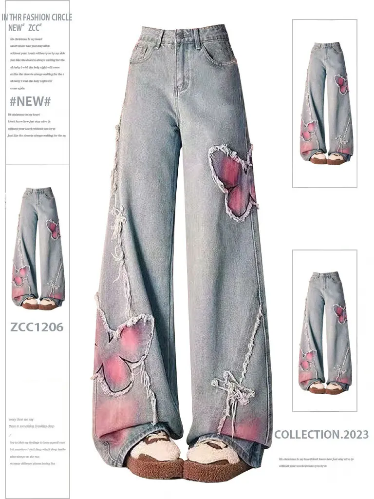 

American Tie Dye Butterfly Embroidery Fringed Denim Jeans Women's High Street Design Spicy Girl Loose Straight Leg Trousers