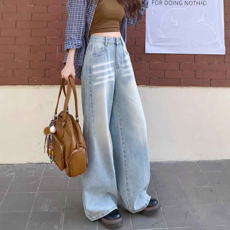 

American Style New Retro Washed Denim Long Pants for Women Loose Straight Design Wide Leg Floor-Length Pants