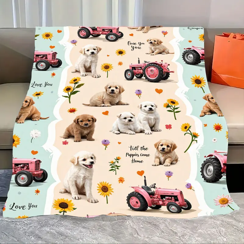 

1 шт. фланелевое одеяло «Симние щенки и тракторные одеяла с подсолнухами, идеально подходит для декора фермерского дома»