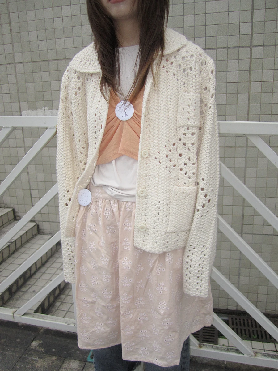 

Свободный женский вязаный открытый кардиган, корейский дизайн, ажурный свитер Jaet, дышащий мягкий длинный свек, повседневная верхняя одежда