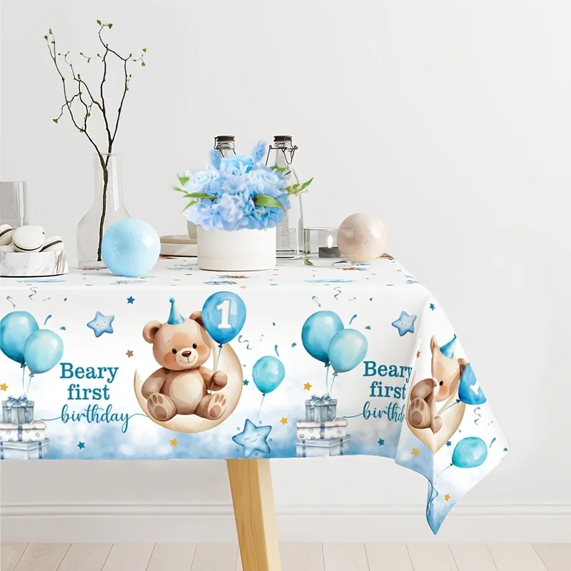 1pc,wedding decorations,summer decoration,garden decor for outside,outdoor decor, Blue Bear Birthday Tablecloth, 220*130cm, Happ