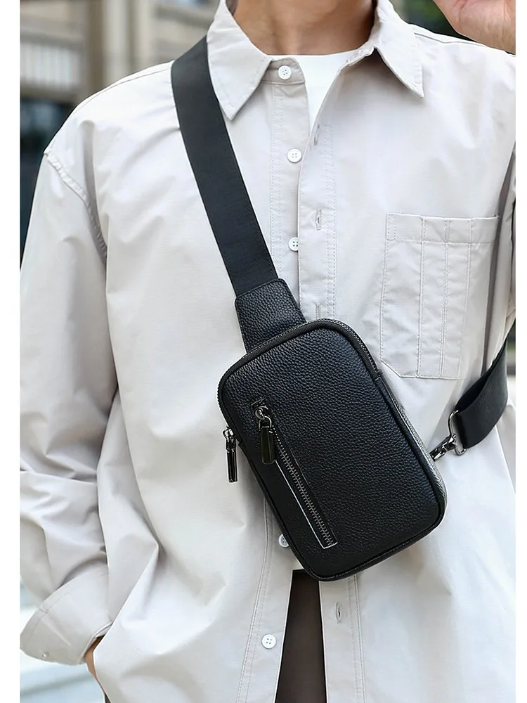 Men Genuine Leather Chest Bag Top Grain Cowhide Phone Bag Double Zipper Casual Single Shoulder Crossbody Bag Multifunctional Min