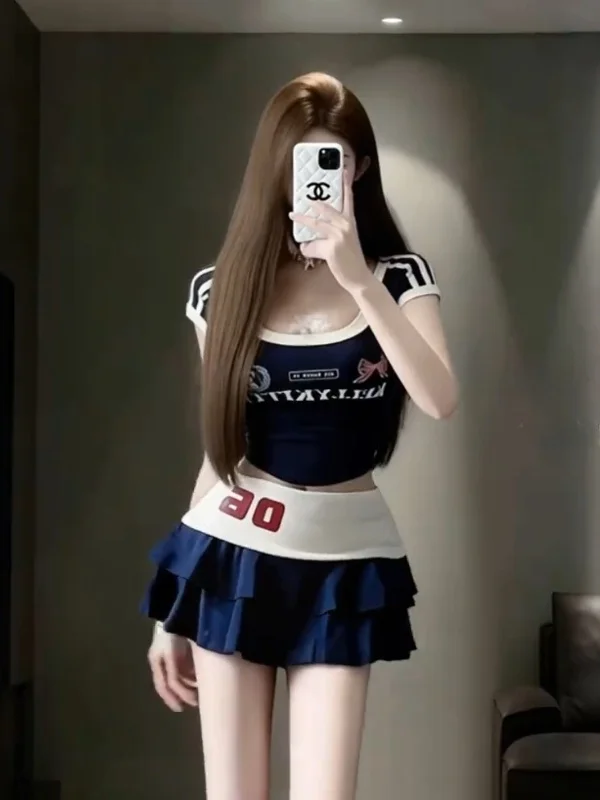 

American Hot Girl Color Block Short Sleeve T Shirt Top a Line Skirt Two Piece Set Women Summer Slimming Sportswear