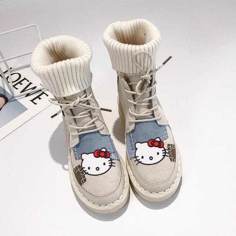 

Sanrio hello kitty Autumn Winter High Top Retro Boots Fashion Socks Boots Women's Warm Girl Casual Shoes Cartoon Cotton Shoes