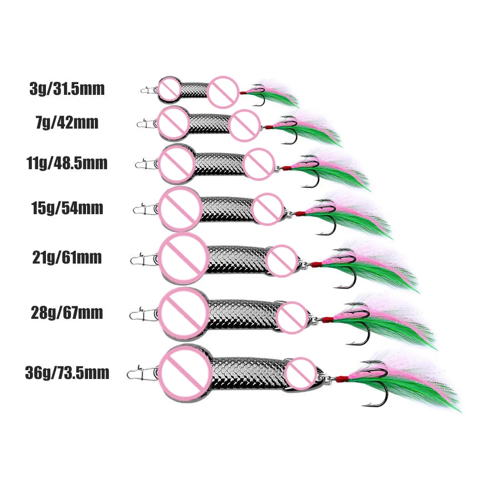 Metal Penis Spoon Lure 3g 7g 11g 15g 21g 28g 36g Hard Bait Tackle Sequin Vibrating Fishing Lure Artificial Bait Feather Hook VIB