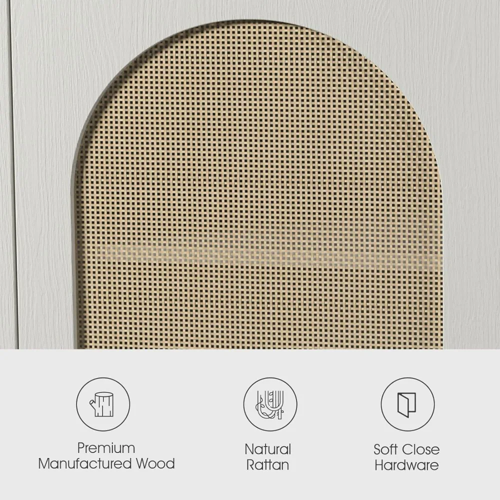 خزانة بوفيه جانبية من Farmhouse Boho مع 3 أرفف و3 أبواب من الروطان، وطاقة تخزين المطبخ بأرجل معدنية،