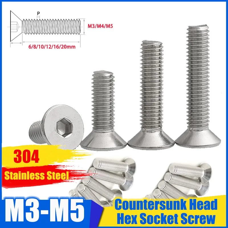 

M3 M4 M5 304 Stainless Steel Countersunk Head Hex Socket Screw Flat Head Allen Machine Screw Industrial Fastener Accessories