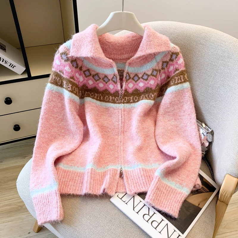 

Women's Pink Cardigan Fair Isle Sweater Vintage 2000s Y2k Jumper Knitwear Korean Style Long Sleeves Sweater Autumn Clothes 2025