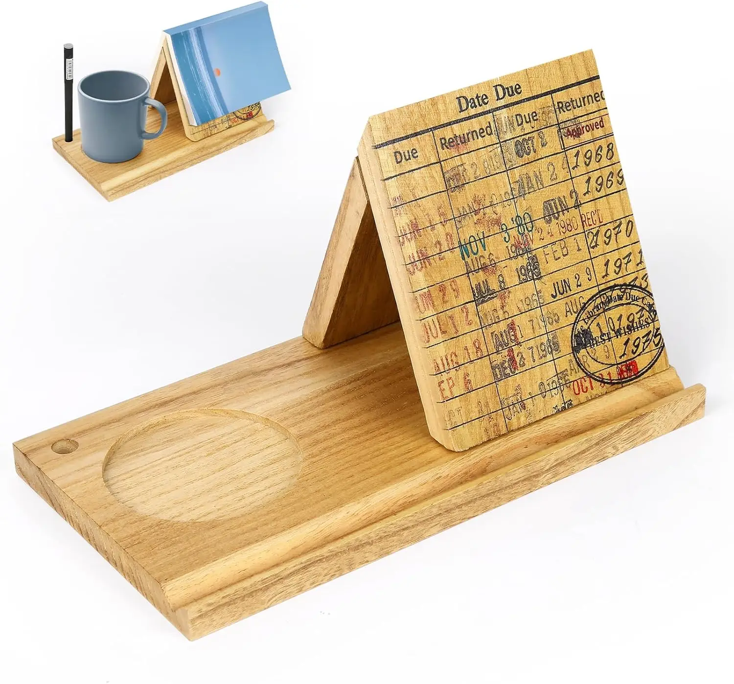 

Деревянная подставка для книг с держателем для напитков, дизайном в виде библиотечной карты и слотом для ручки — подарок для читателей и писателей
