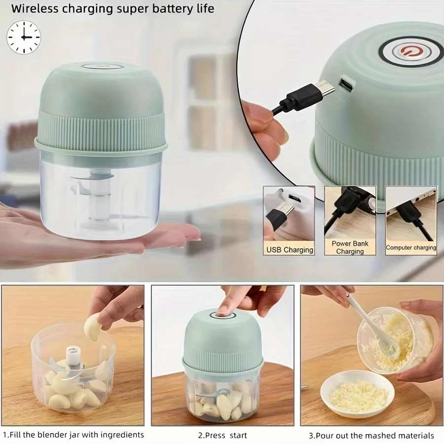Máquina eléctrica de puré de ajo, picadora de ajo recargable por USB, picadora de cebolla portátil de 260ML, picadora de carne, jengibre, Chile, verduras g
