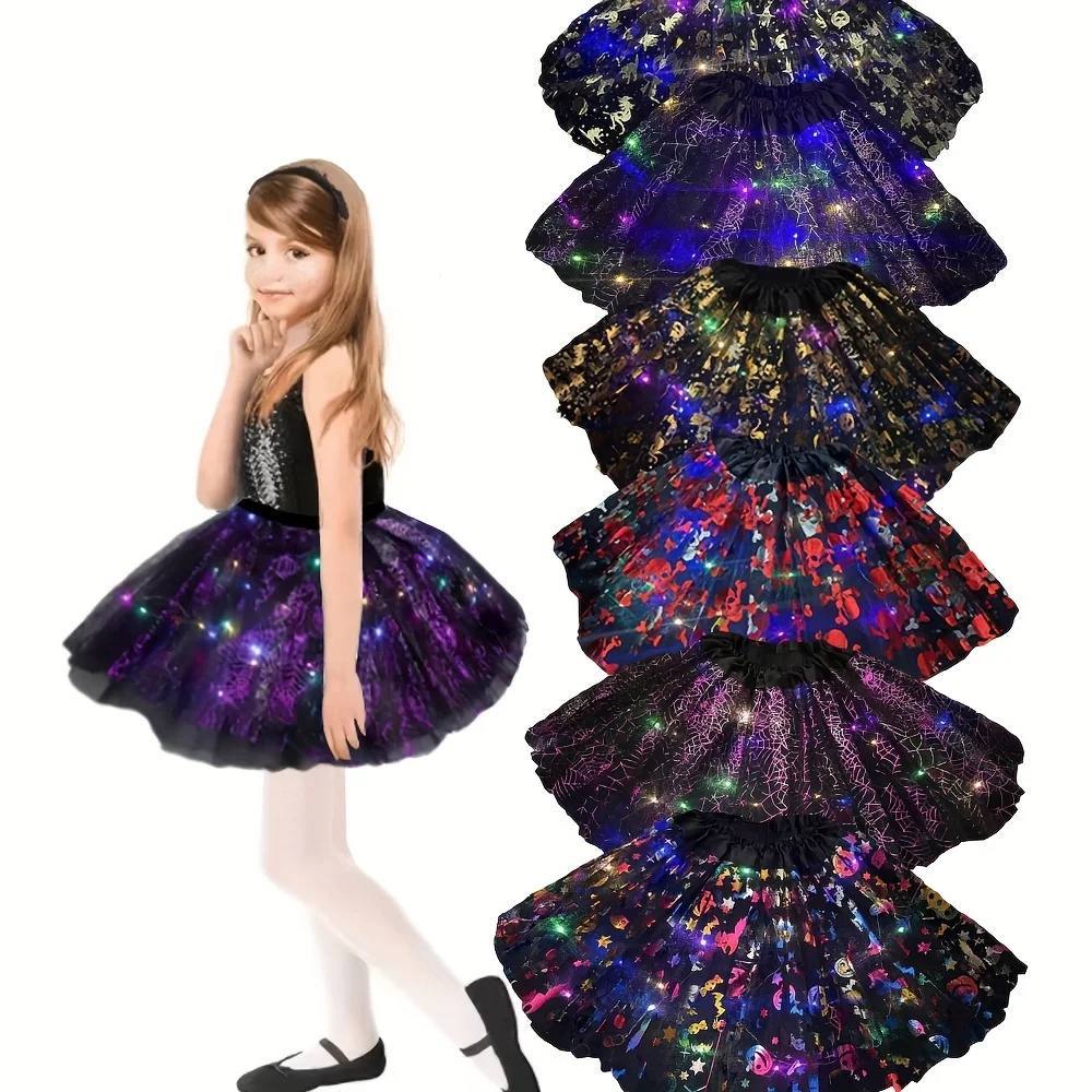 6-Piece Set Kids' Flashing Skeleton Print LED Tutu Skirts - Includes 1 of Every Color, Multi-Color Glow Party Skirts for Halloween & Birthdays