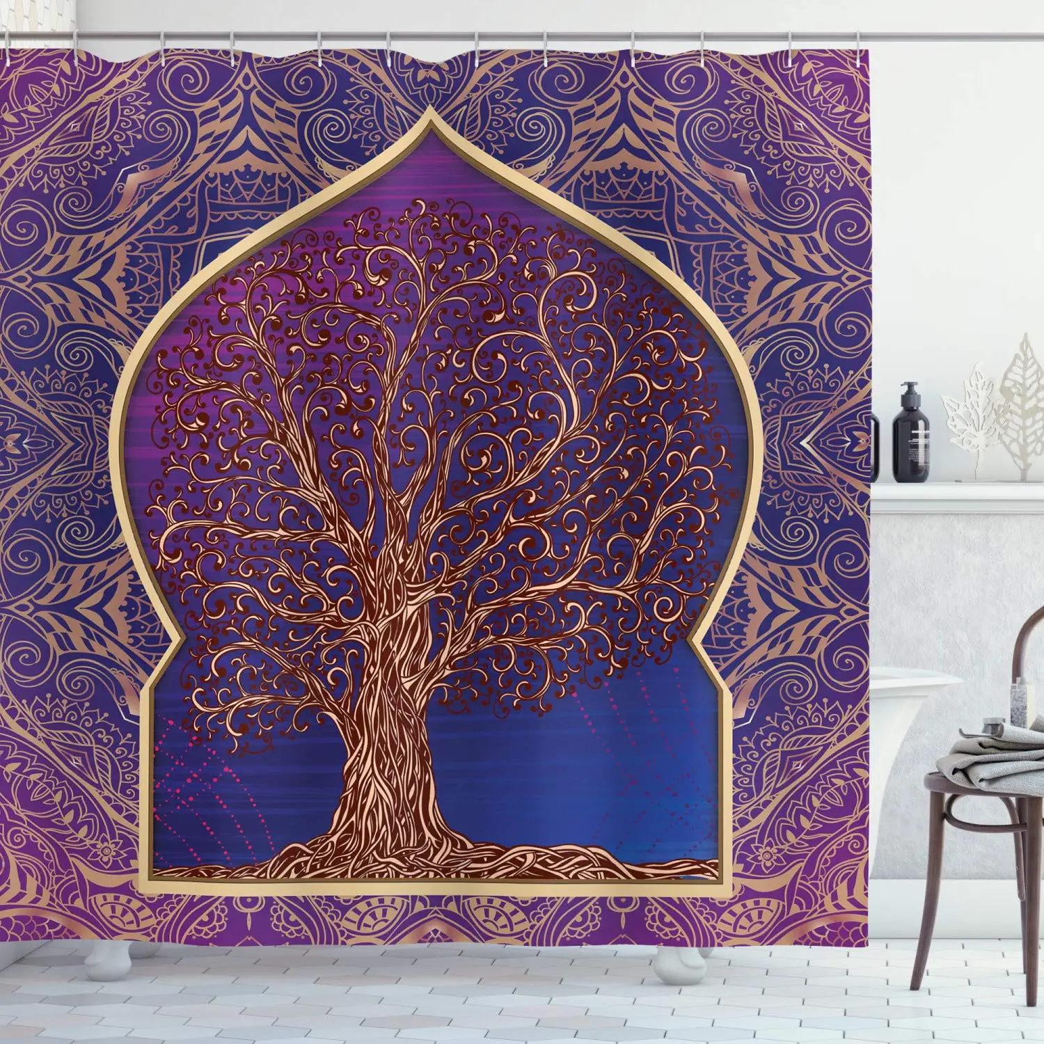 Ethnic Shower Curtain,Tree with Curved Leafless Branches Middle Eastern Moroccan Arch Retro Art Design,Fabric Bathroom Decor Set