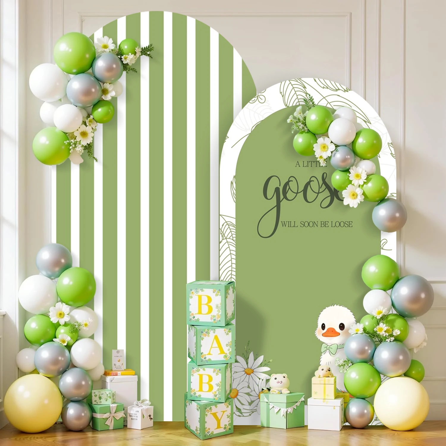 Yeele Cute Goose Arch Cover Backdrop Fresh Green White Flowers Baby Shower Girls Boys Birthday Party Decoration Photo Background