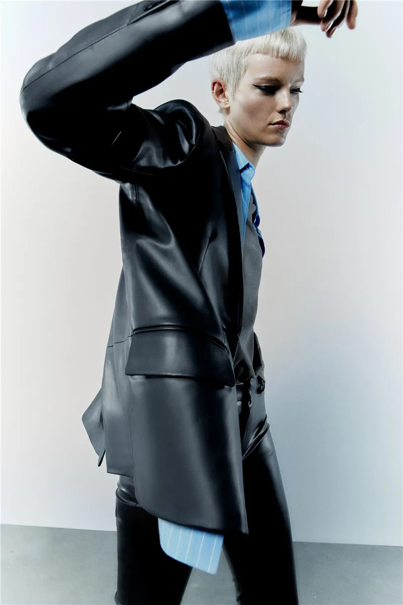 Abito da donna casual in ecopelle neutra Sle Jaet vestibilità ampia lungo cappotto in pelle PU con chiusura a bottone singolo