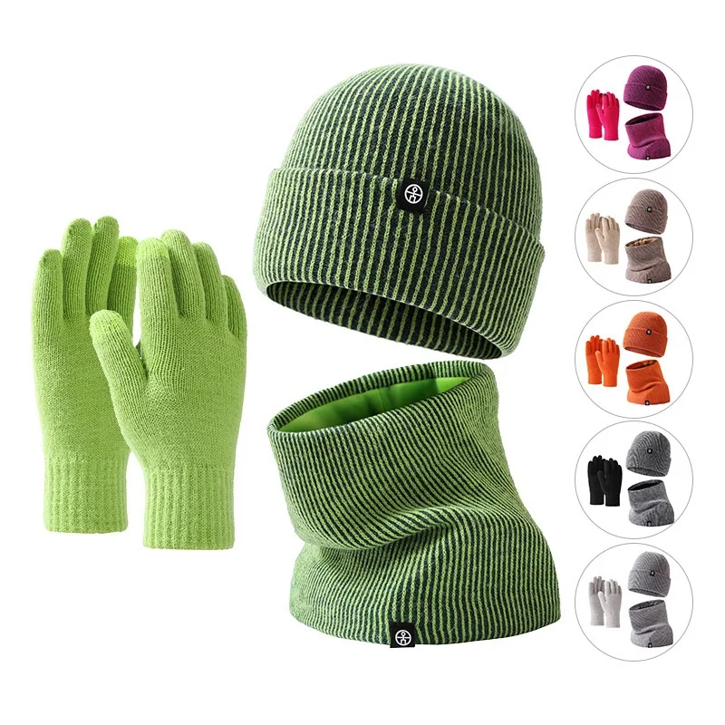 

Stylish Hat Scarf Gloves Set Women Green Double Layer Knit Hat Warm Winter Cold-proof Fleece Hat Neck Circle Scarf Gloves Set