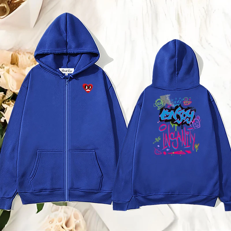 

Boom Monkey Cartoon Printing Women Zipper Hoodie Polyester Red Eyes Beard Heart Embroidery Pocket Loose Lady Spring Sweater