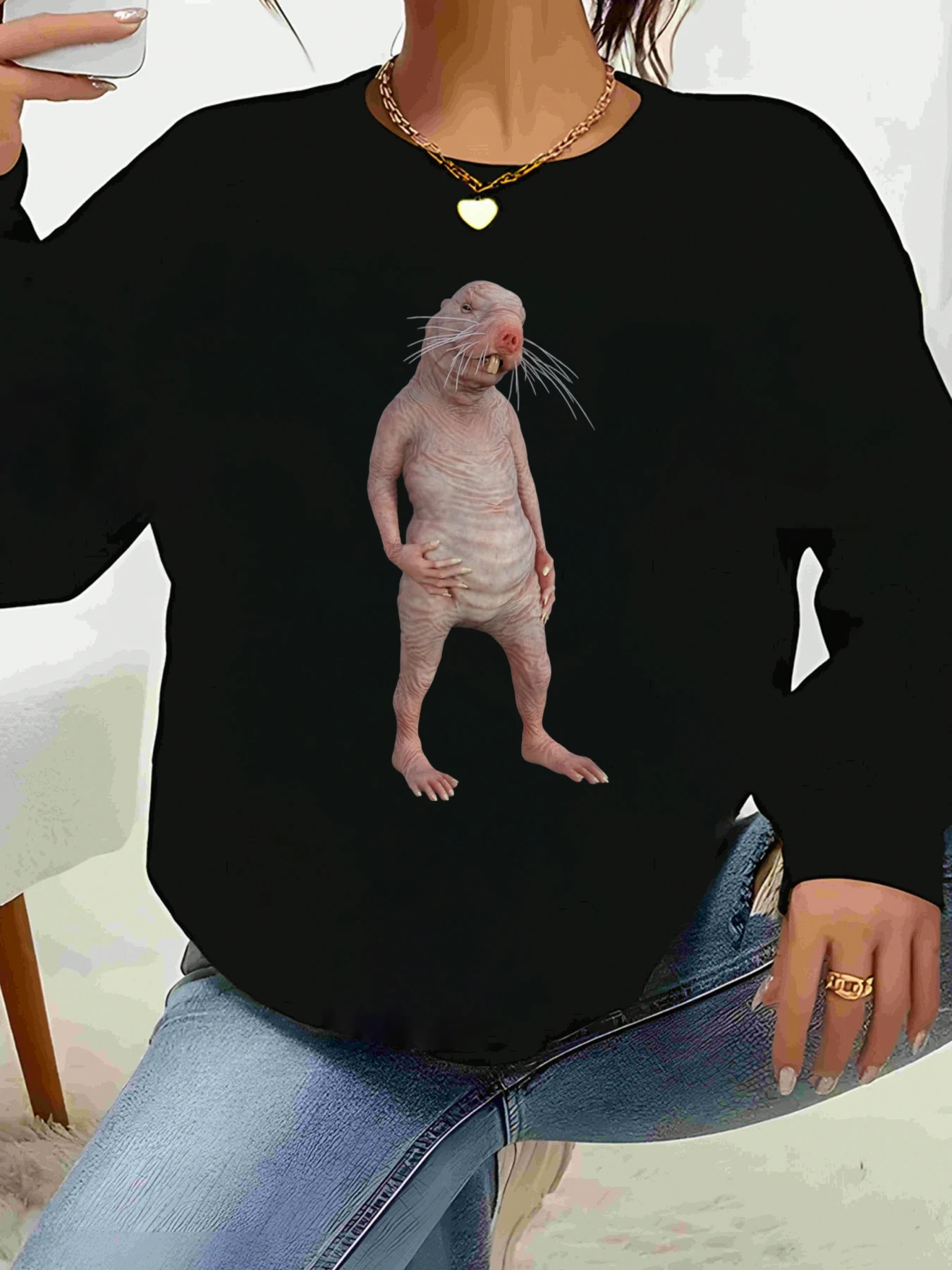 Naked Mole Rat Print Langarm Top Halloween Freizeitkleidung Damenmode