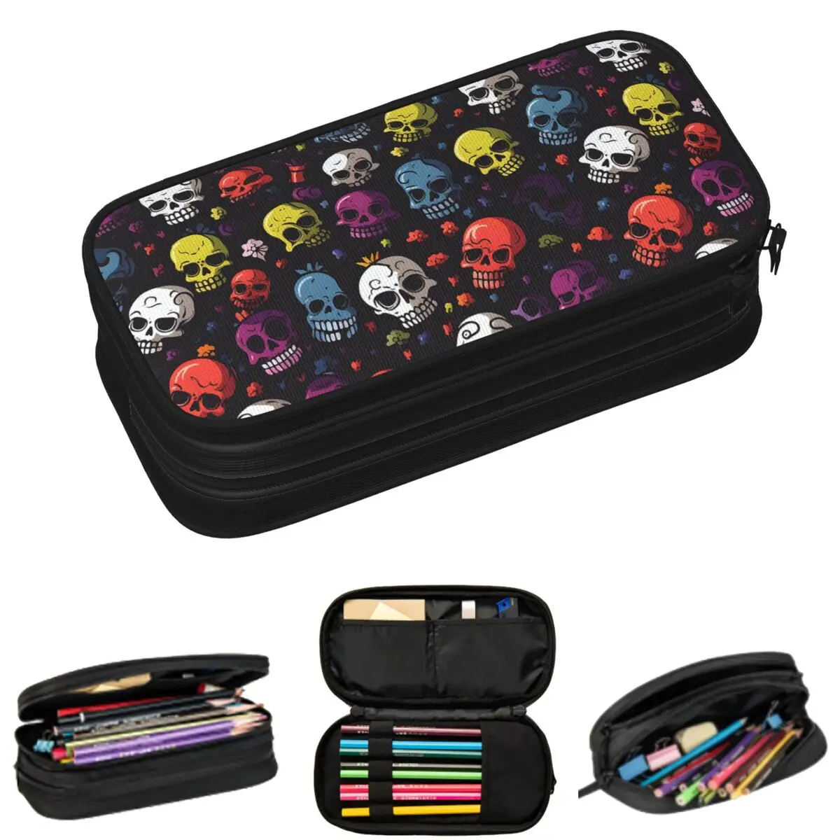 

Vibrant Skull A Cartoonish Pencil Cases for Students Gifts Pen Box Pencil Bag Large Storage Pencil Pouch