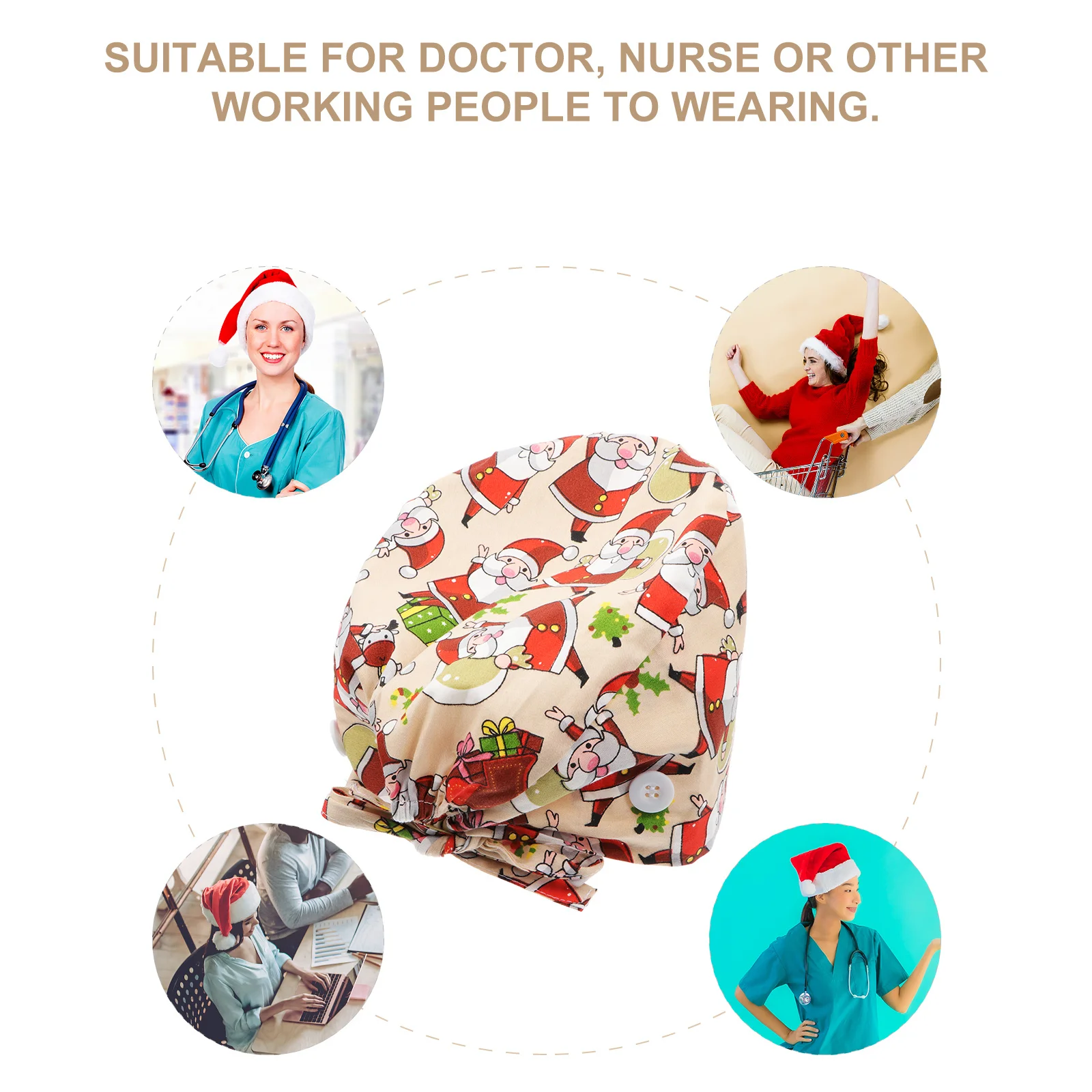 Botones de gorro de trabajo a prueba de polvo con estampado navideño de algodón, cubierta sanitaria para la cabeza para enfermera Spa