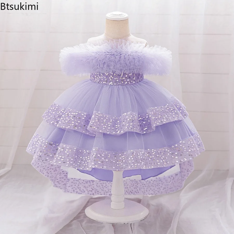 Girls Sequin Lace Party Dress Toddler Solid Color Princess Prom Gown 1st Birthday Bridesmaid Kid Evening Wear Elegant Tailoring