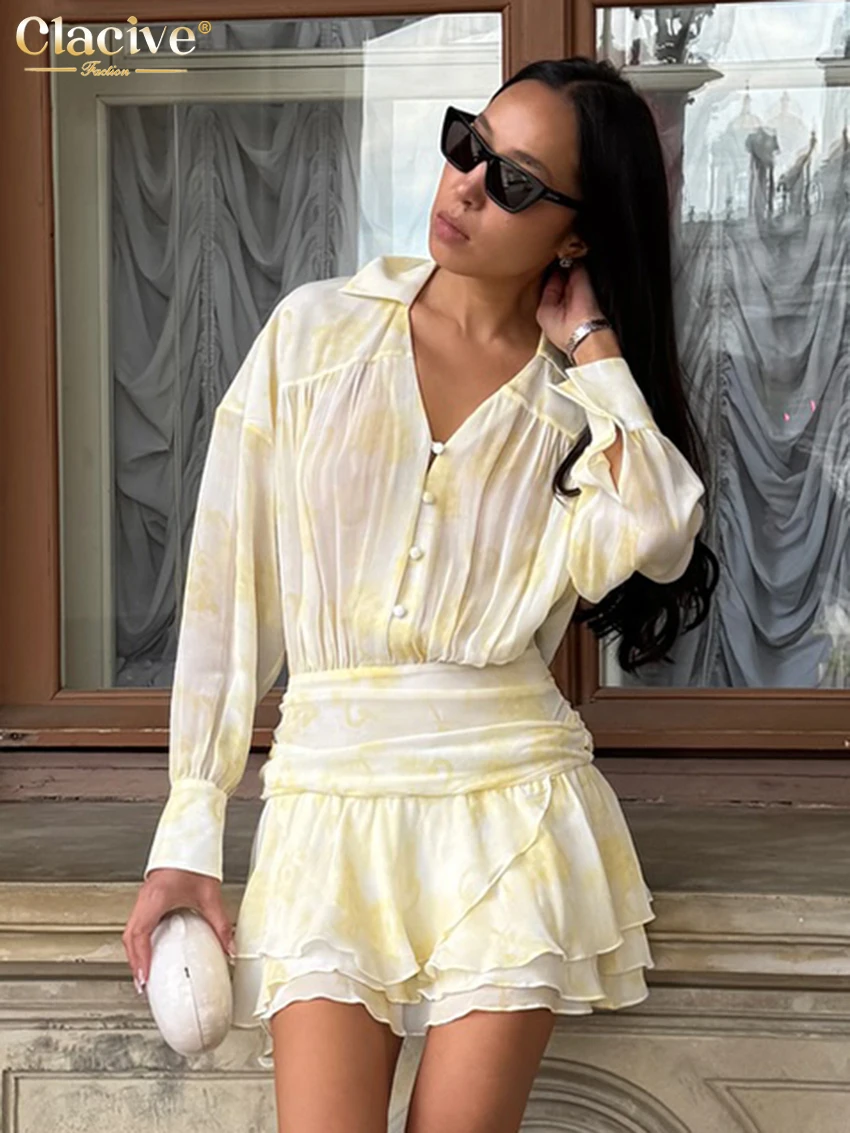 

Clacive Fashion Loose Print Women's Dress Casual Lapel Long Sleeve Mini Dresses Elegant Classic High Waist Pleated Female Dress