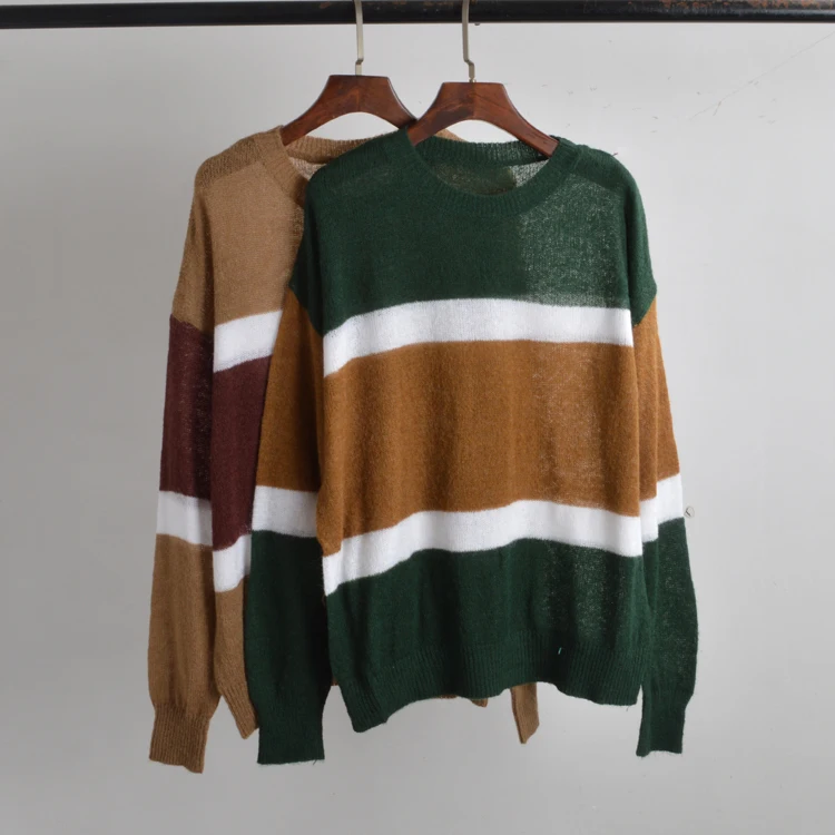 

Женский свитер из смесового мохера с эффектом похудения, свободного кроя, в полоску, с длинными рукавами, осенний, стандартной толщины