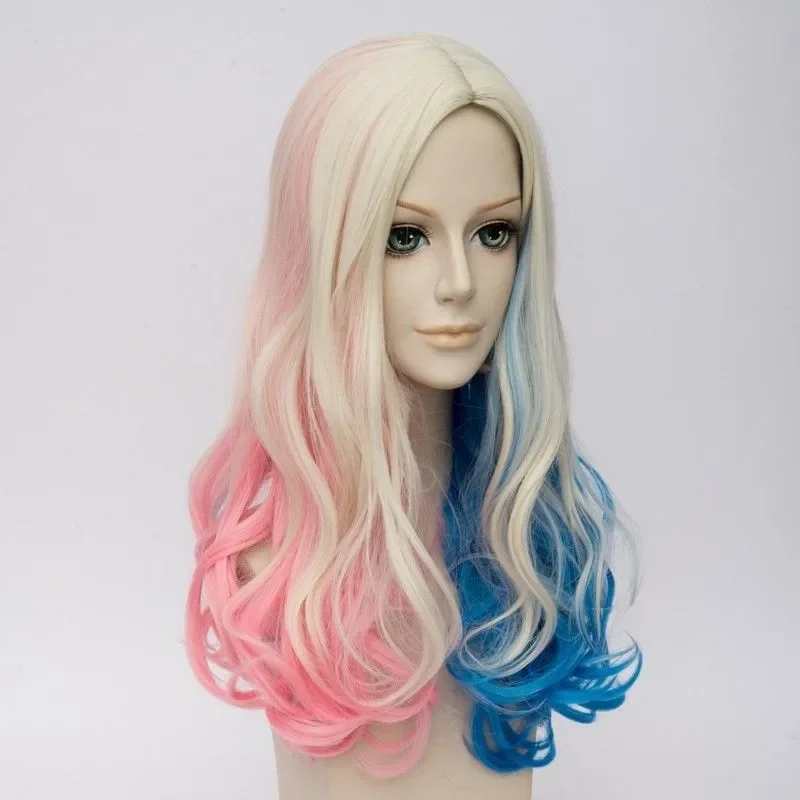 Suicide Squad Harley Quinn Wig keriting pirang merah muda biru rambut campuran Wig Cosplay