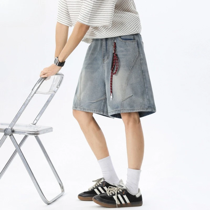 American Old Washed Denim Shorts Men's 2026 Summer Deconstruction Splicing Retro Loose Five-point Pants