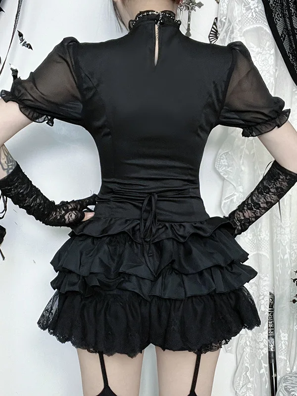 Gothic Style Casual Black Lace Short Sleeves Single-breasted Shirt Set Japanese Hot Girl Y2K Subculture Puffy Short Skirt Female
