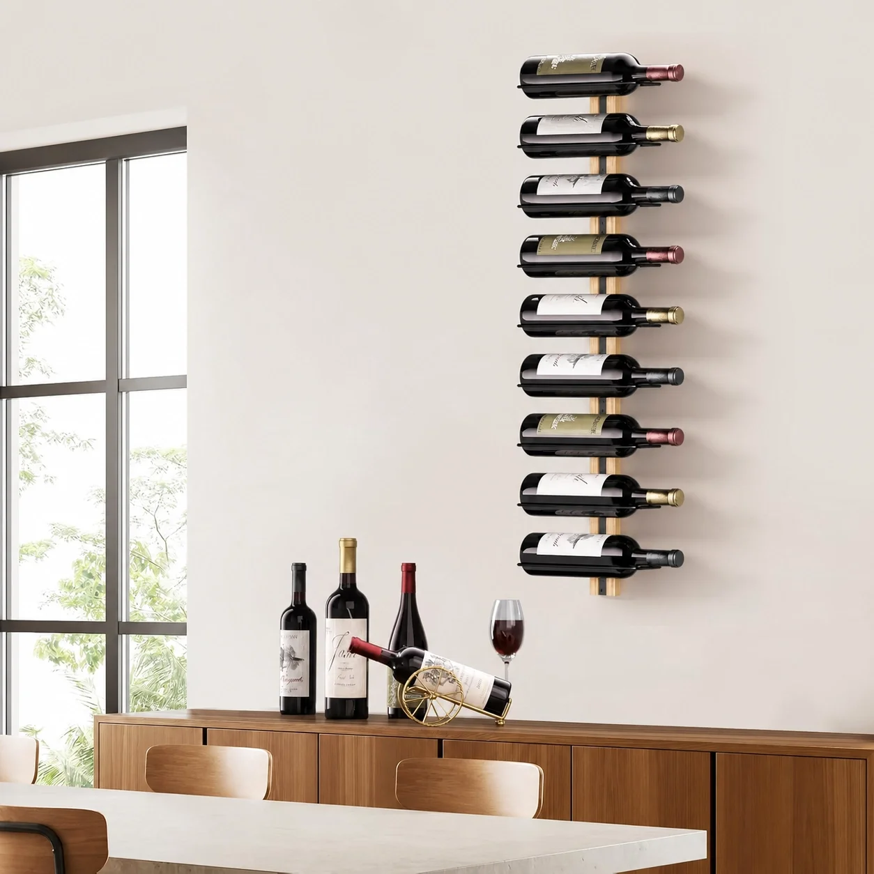 

Wall-mounted Wood Wine Rack Holds 9 Bottles, Ideal for Kitchen, Dining Room & Bar