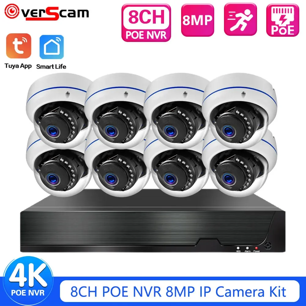 

Комплект видеонаблюдения Tuya 4K 4CH POE NVR для улицы, водонепроницаемая система CCTV с записью звука, IP-камера купольного типа, система видеонаблюдения 8CH