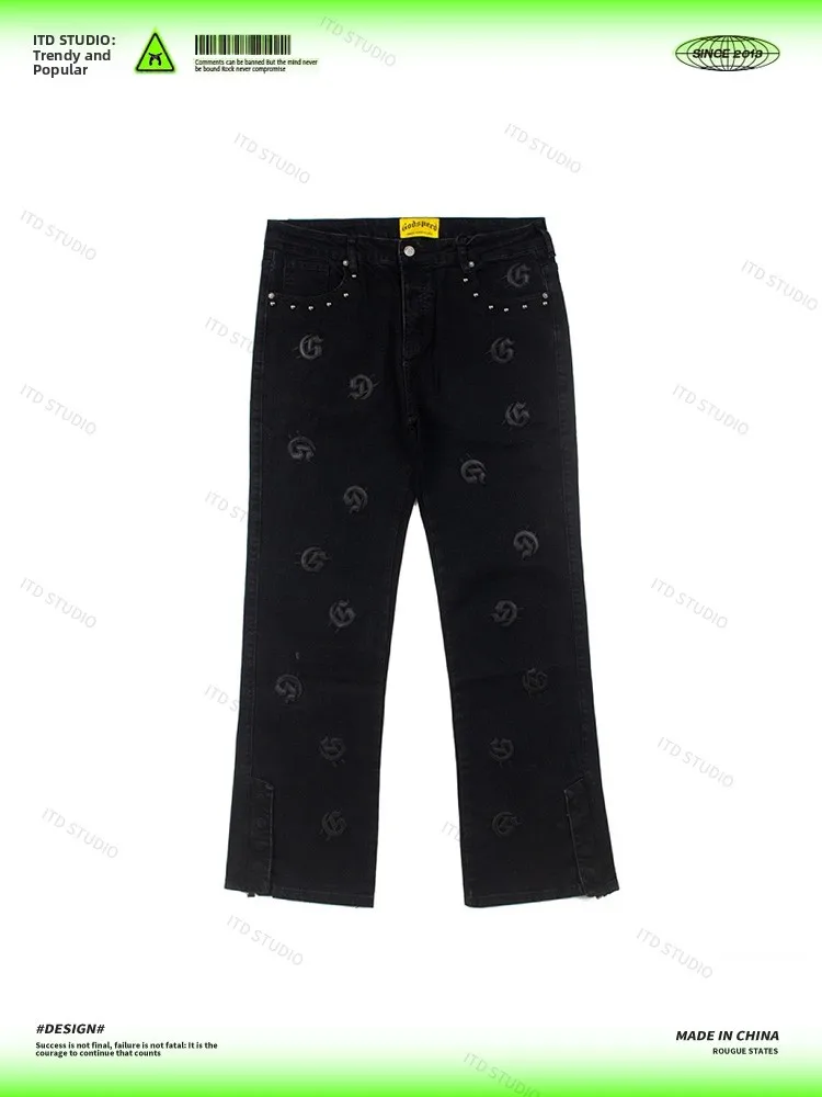 Godspeed Series Men's Loose Fit High Street Washed Micro Flare Denim Jeans Embroidered Patchwork Casual Wear Youth Jeans