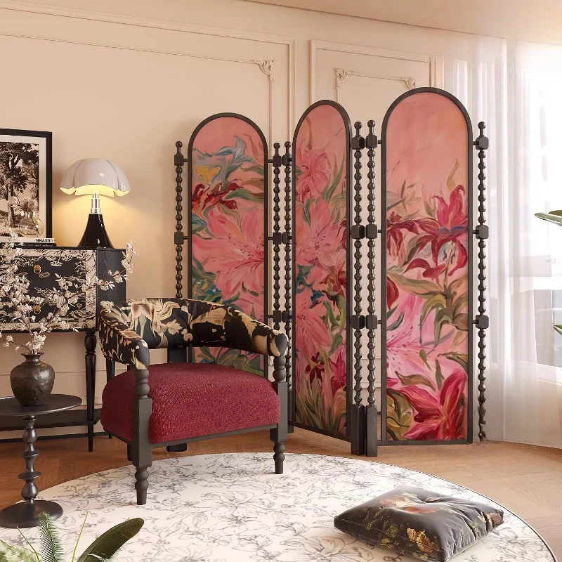 

French cream style retro abstract flower screen partition mobile living room sofa home cover door background wall