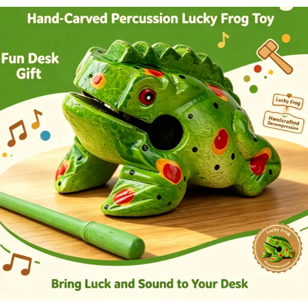 Cute Hand‑Carved Wooden Frog Percussion Instrument, Colorful Lucky Frog Craft Ornament, Decompression Home Office Desk Decor