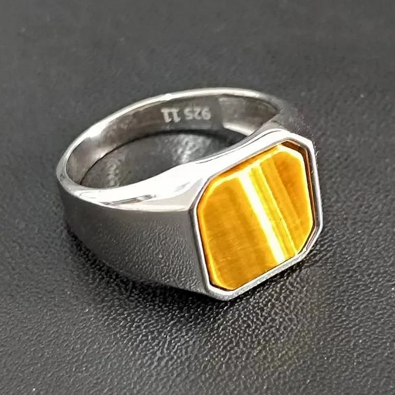 BOCAI New S925 Silver Jewelry Inlaid With Natural Tiger's Eye Stone Square Men's Ring Fashionable and Grand Birthday Gift