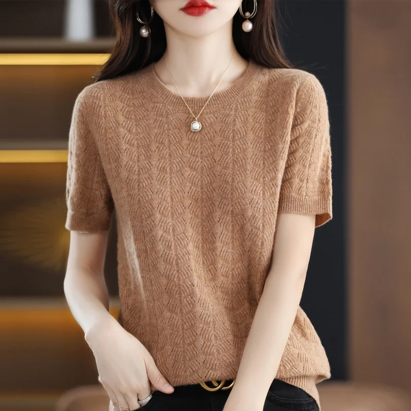 Hot Sale 100% Pure Wool Women's Sweaters And Pullovers Autumn Female O-neck Hollow Out Short Sleeve Soft Jumper Tops Spring