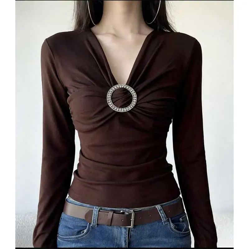 

Women Clothing Autumn Fashion Simplicity Office Lady Solid Color V-neck Female Temperament Slim Long Sleeve Bottoming Shirt Tops