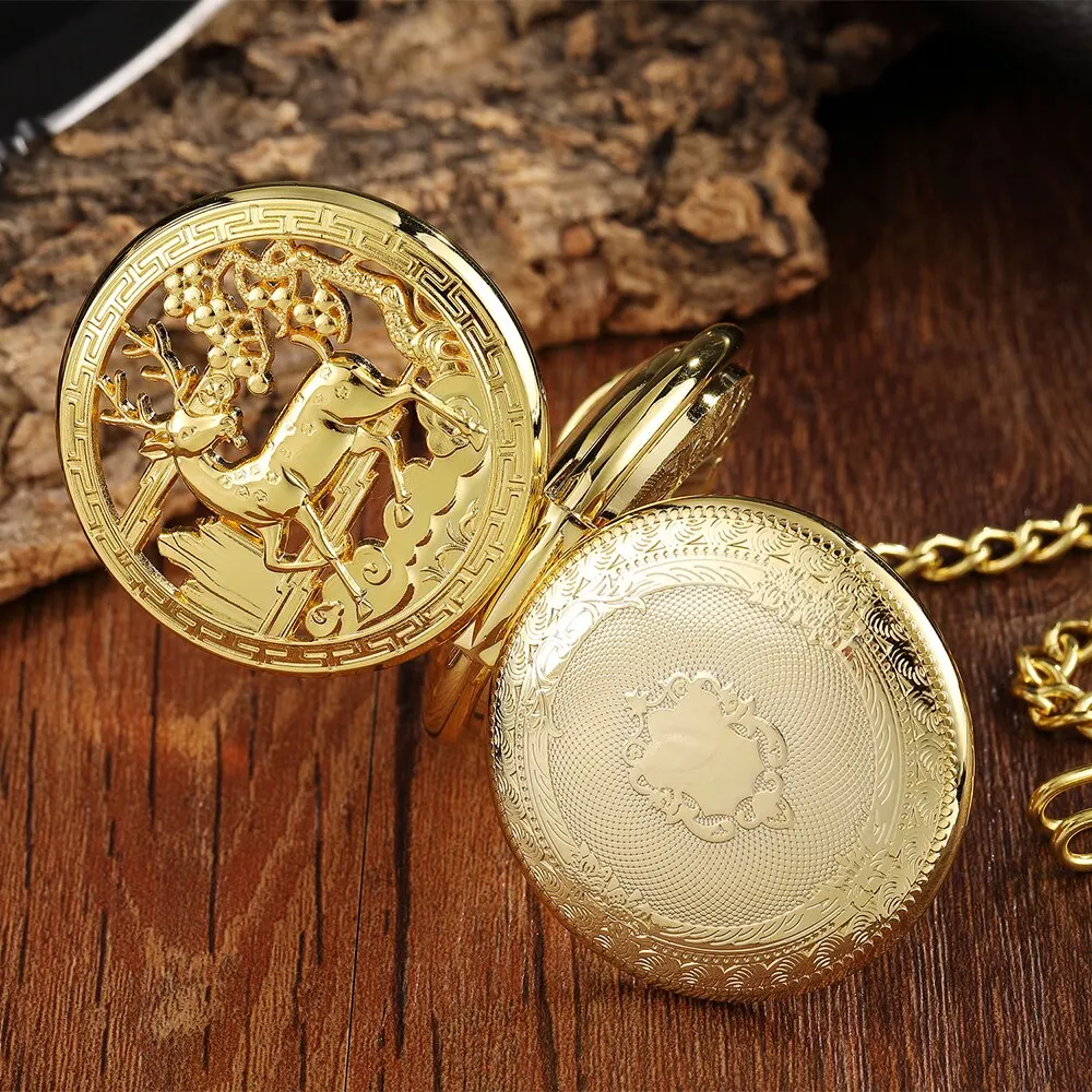 Or Creux Cerf Motif Mécanique Montre De Poche Vintage Double Côté Steampunk Fob Horloge Mâle Collier Montre Chaîne Femmes Hommes